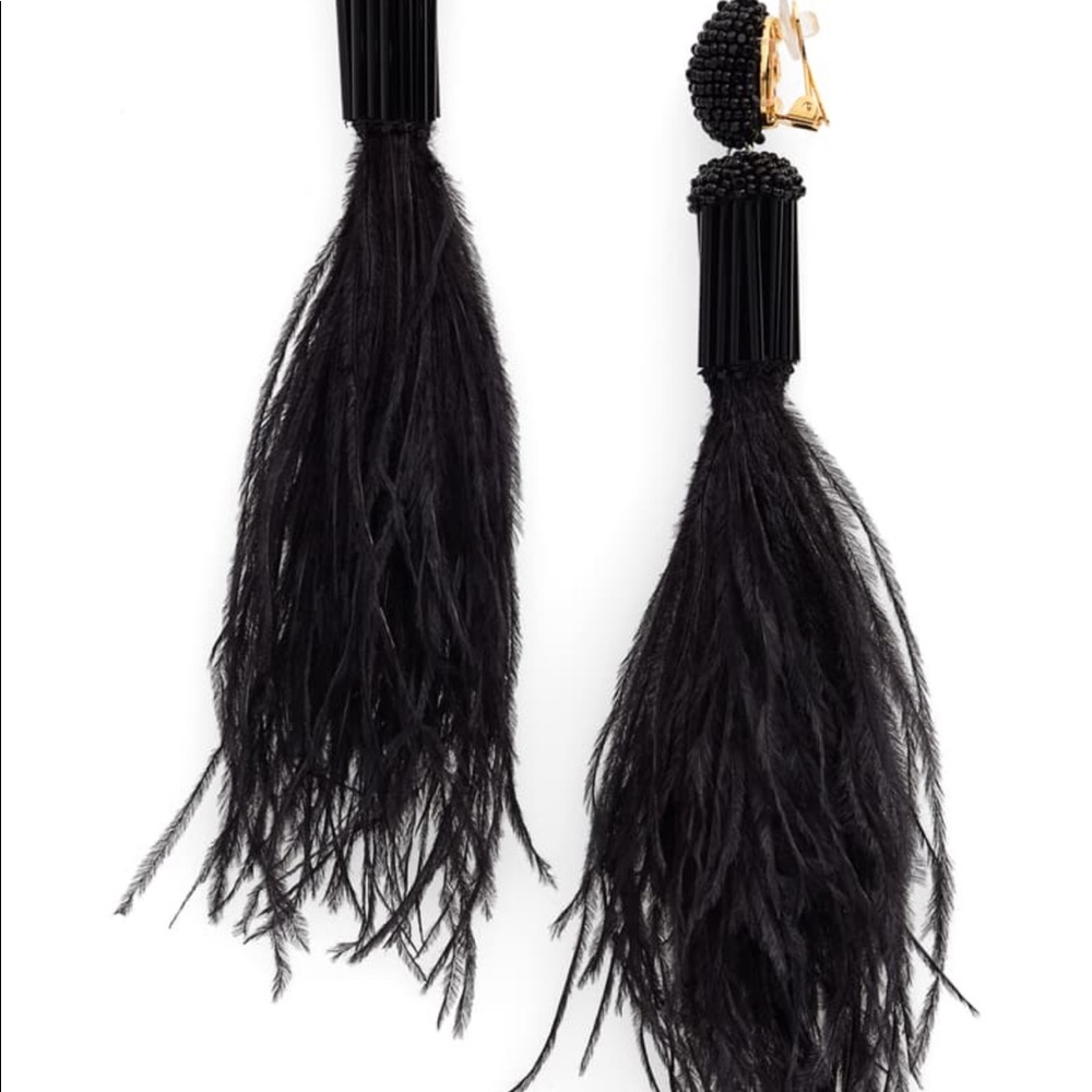 Oscar De La Renta Long Beaded Feather Earrings with Original Display Box